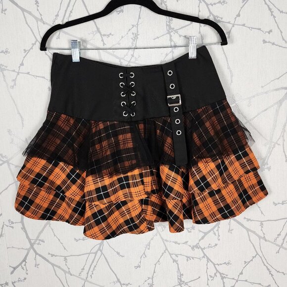 Social Collision Orange Plaid Buckle Tulle Skater Mini Skirt - Picture 1 of 5